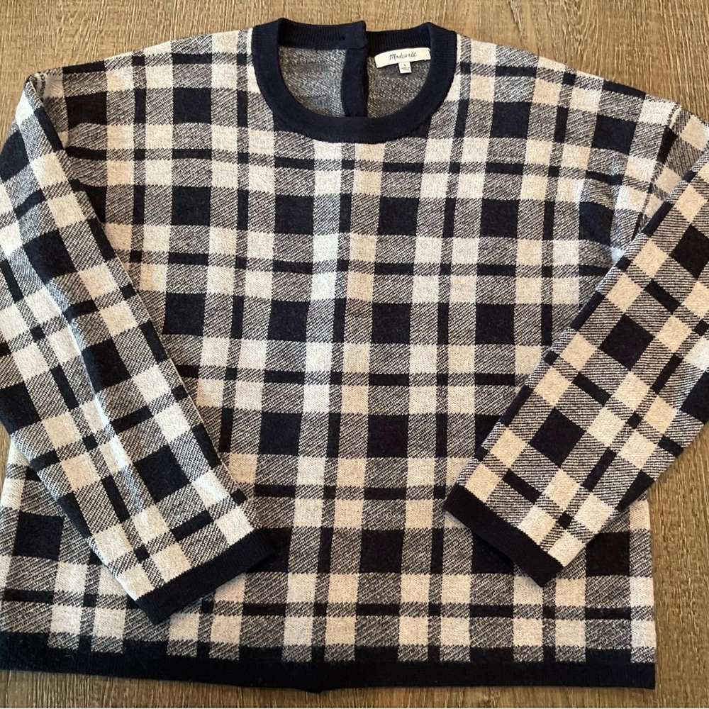 Plaid Crewneck Sweater - Navy and Cream